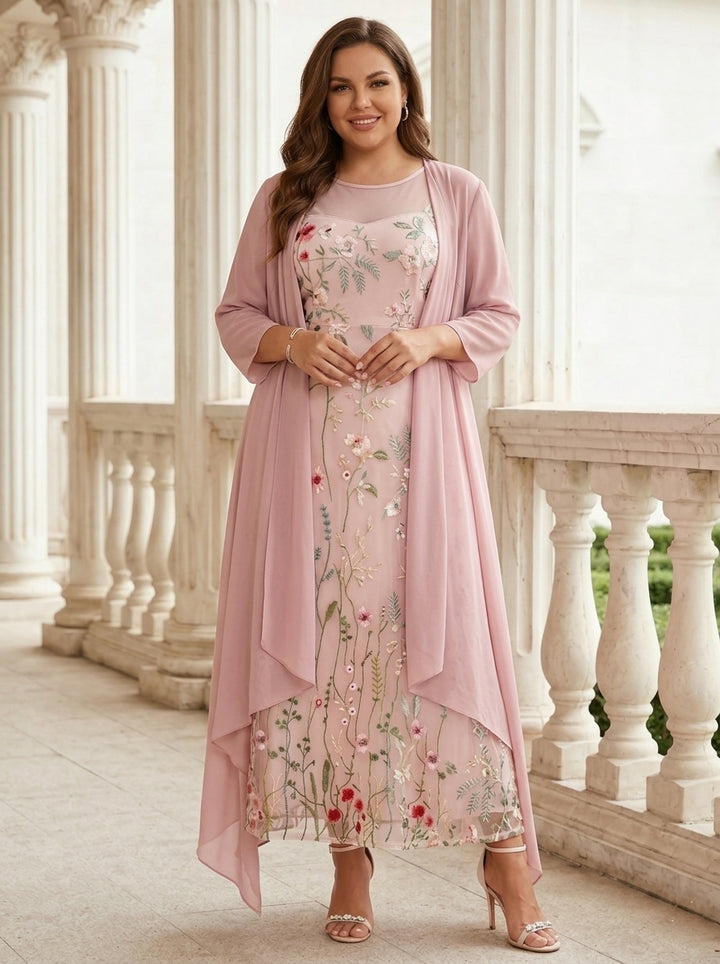 Robe mère de la mariée, Taille Plus, Ligne A/Princesse, 2 Pièces, Col Rond, Mousseline, Manches Longues, Longueur de la Cheville, Florale