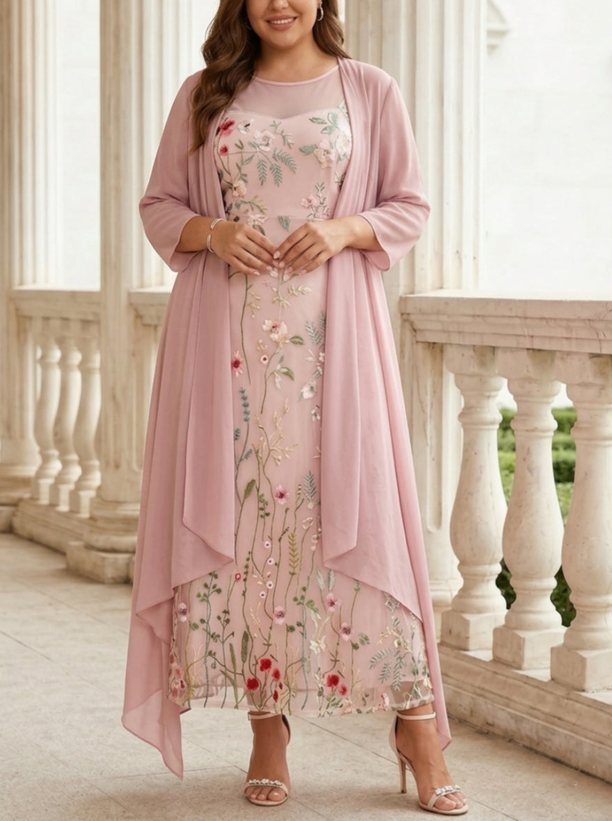 Robe mère de la mariée, Taille Plus, Ligne A/Princesse, 2 Pièces, Col Rond, Mousseline, Manches Longues, Longueur de la Cheville, Florale