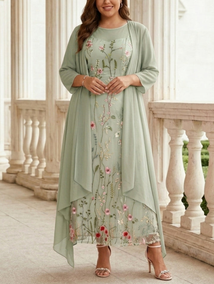 Robe mère de la mariée, Taille Plus, Ligne A/Princesse, 2 Pièces, Col Rond, Mousseline, Manches Longues, Longueur de la Cheville, Florale