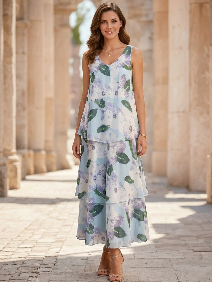 Robe Mère de la Mariée, Forme A/Princesse, Col V, Mousseline, Sans Manches, Motif Floral, Longueur Cheville, Volants