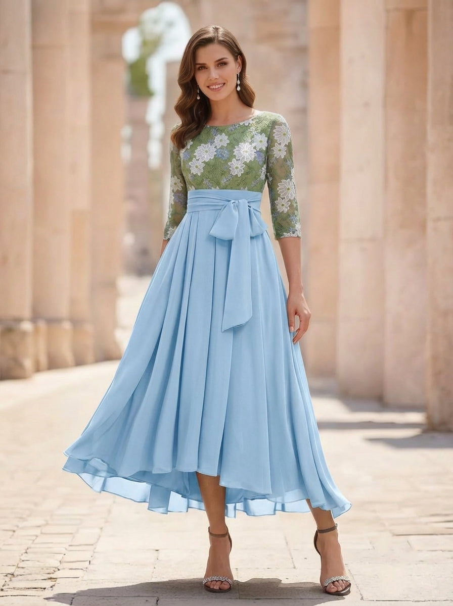 Robe Mère de la Mariée, Forme A/Princesse, Col Rond, Mousseline, Manches 3/4, Dentelle Florale, Longueur du Thé, Avec Nœud Plissé