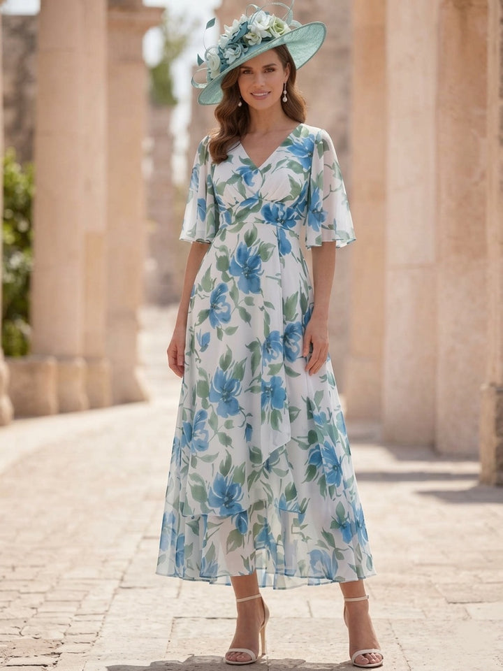 Robe Mère de la Mariée, Forme A/Princesse, Col V, Mousseline, Manches Courtes, Motif Floral, Longueur du Thé, Froncé