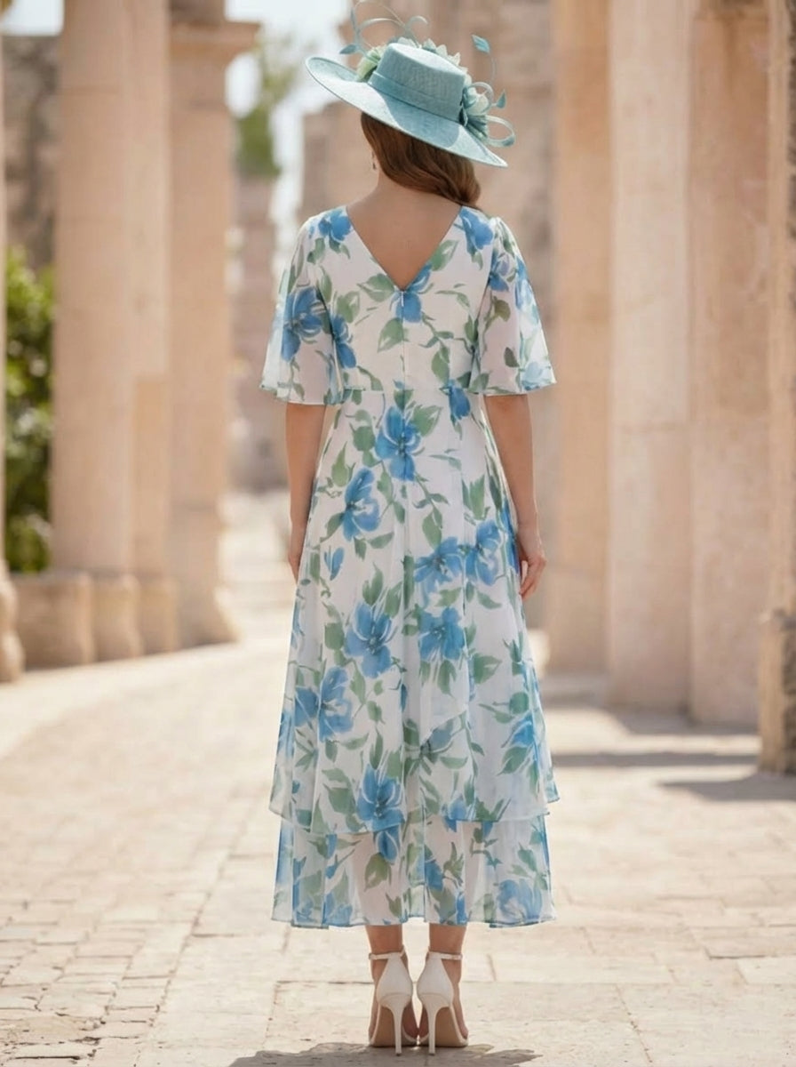 Robe Mère de la Mariée, Forme A/Princesse, Col V, Mousseline, Manches Courtes, Motif Floral, Longueur du Thé, Froncé