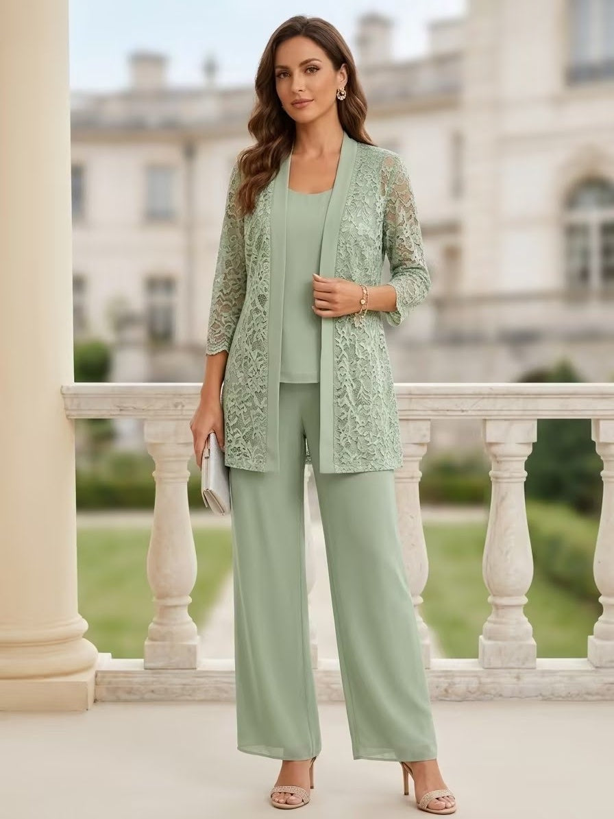 Tailleur 3 Pièces, Col Rond, Mousseline, Costume-Pantalon Mère de la Mariée avec Veste, Manches 3/4, Dentelle, Longueur au Sol