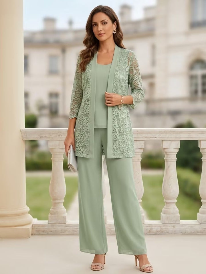 Tailleur 3 Pièces, Col Rond, Mousseline, Costume-Pantalon Mère de la Mariée avec Veste, Manches 3/4, Dentelle, Longueur au Sol