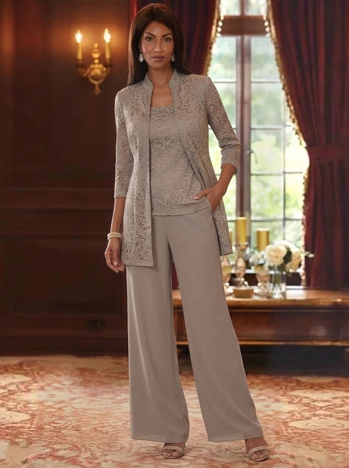 Tailleur 3 Pièces, Col Rond, Mousseline, Costume-Pantalon Mère de la Mariée avec Veste, Manches 3/4, Dentelle, Longueur à la Cheville