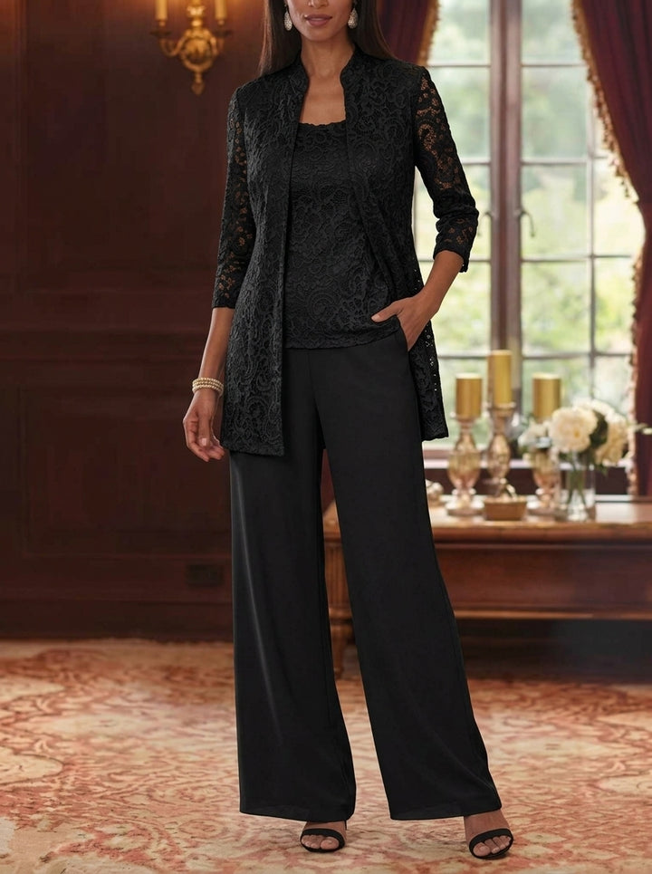 Tailleur 3 Pièces, Col Rond, Mousseline, Costume-Pantalon Mère de la Mariée avec Veste, Manches 3/4, Dentelle, Longueur à la Cheville