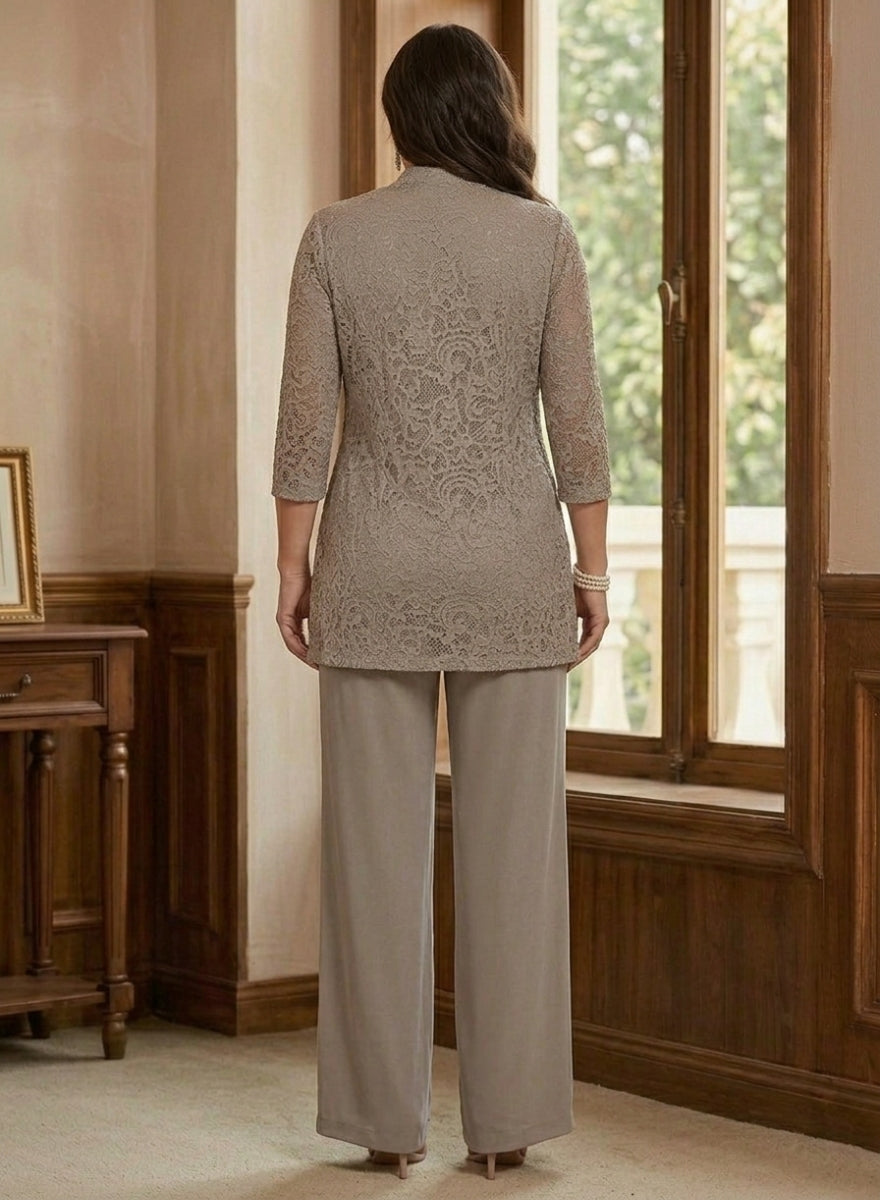 Robe mère de la mariée, Taille Plus, Costume-Pantalon, Col Rond, Mousseline, Manches 3/4, Longueur de la Cheville, Dentelle
