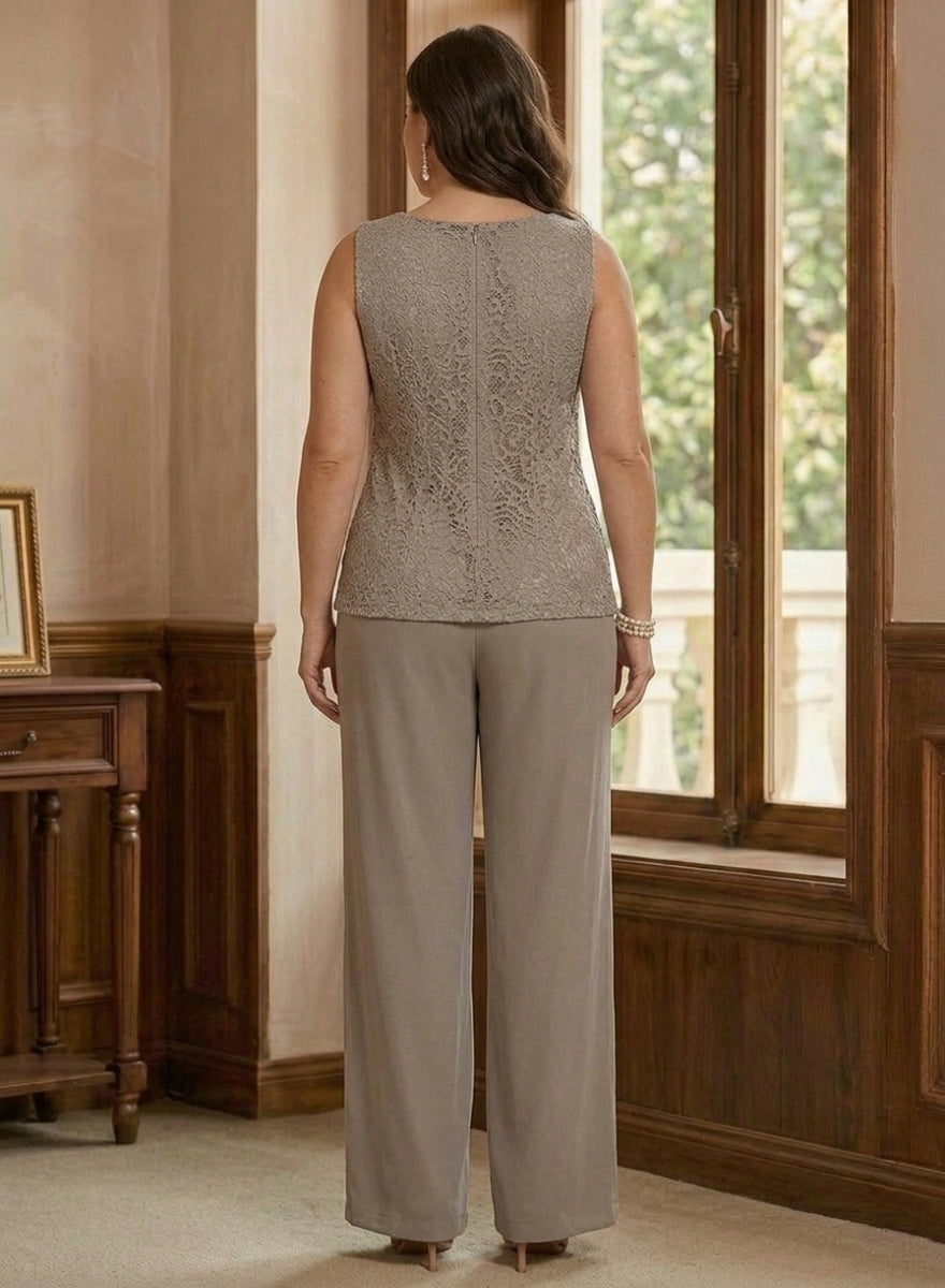 Robe mère de la mariée, Taille Plus, Costume-Pantalon, Col Rond, Mousseline, Manches 3/4, Longueur de la Cheville, Dentelle