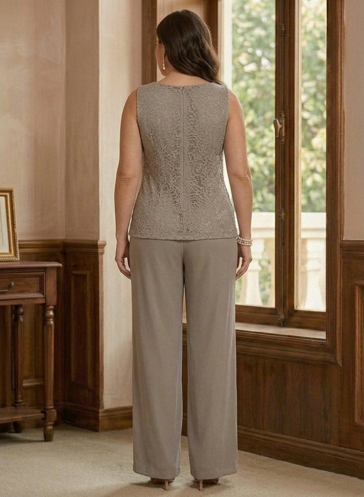 Robe mère de la mariée, Taille Plus, Costume-Pantalon, Col Rond, Mousseline, Manches 3/4, Longueur de la Cheville, Dentelle