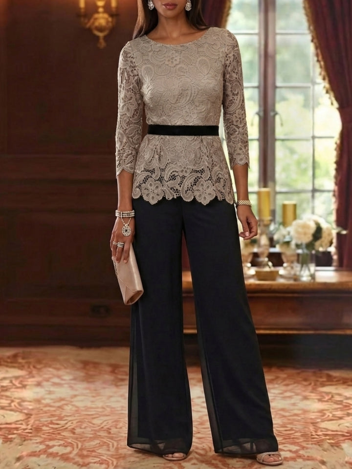 Tailleur 2 Pièces, Col Rond, Mousseline, Costume-Pantalon Mère de la Mariée, Dentelle, Manches 3/4, Longueur à la Cheville, Ceinture