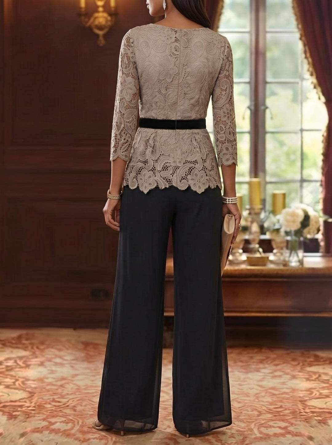 Tailleur 2 Pièces, Col Rond, Mousseline, Costume-Pantalon Mère de la Mariée, Dentelle, Manches 3/4, Longueur à la Cheville, Ceinture