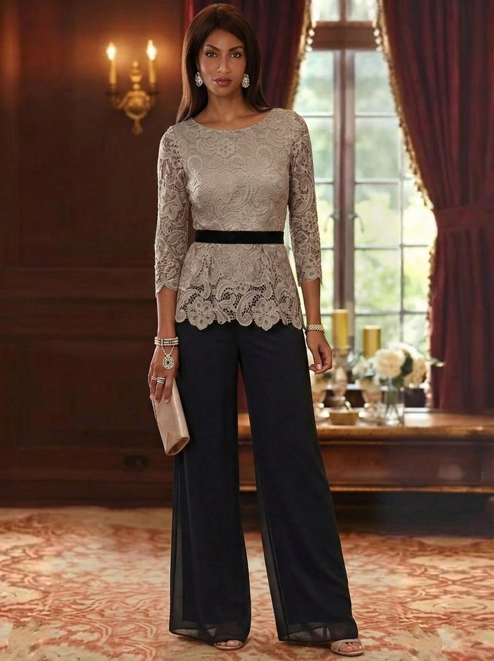Tailleur 2 Pièces, Col Rond, Mousseline, Costume-Pantalon Mère de la Mariée, Dentelle, Manches 3/4, Longueur à la Cheville, Ceinture