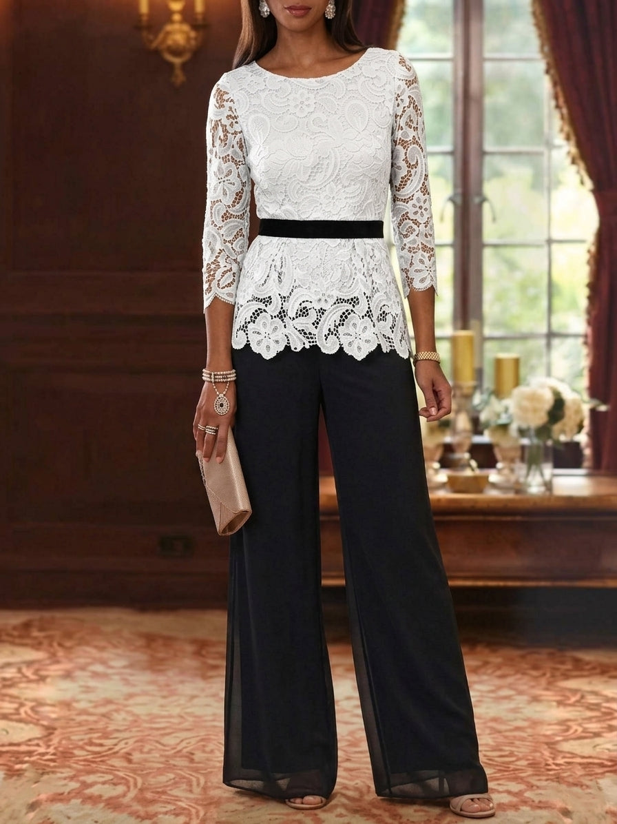 Tailleur 2 Pièces, Col Rond, Mousseline, Costume-Pantalon Mère de la Mariée, Dentelle, Manches 3/4, Longueur à la Cheville, Ceinture