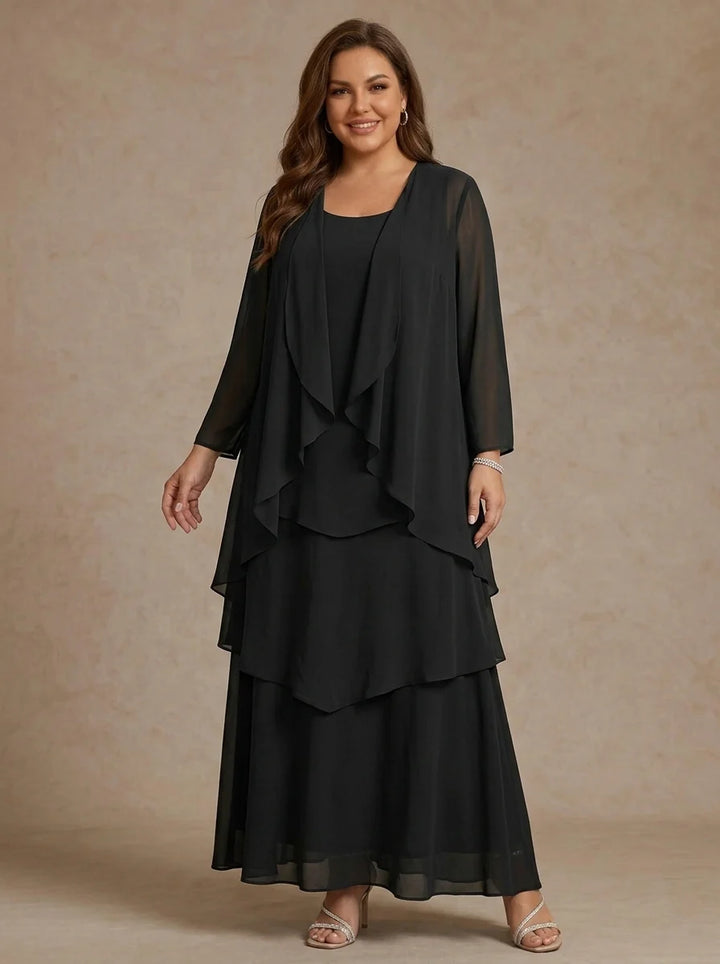 Robe Mère de la Mariée, Grande Taille, Ligne A/Princesse, Col Rond, Manches Longues, Longueur de la Cheville, Mousseline