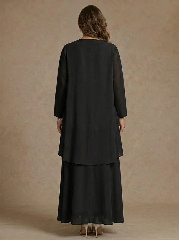 Robe Mère de la Mariée, Grande Taille, Ligne A/Princesse, Col Rond, Manches Longues, Longueur de la Cheville, Mousseline