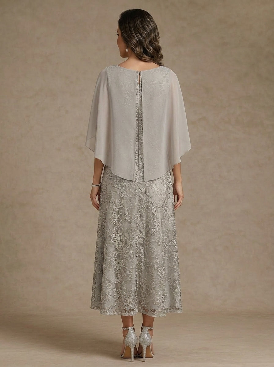 Robe Mère de la Mariée, Forme A/Princesse, Col Rond, Dentelle, Mousseline, Manches Cape, Floral, Longueur du Thé