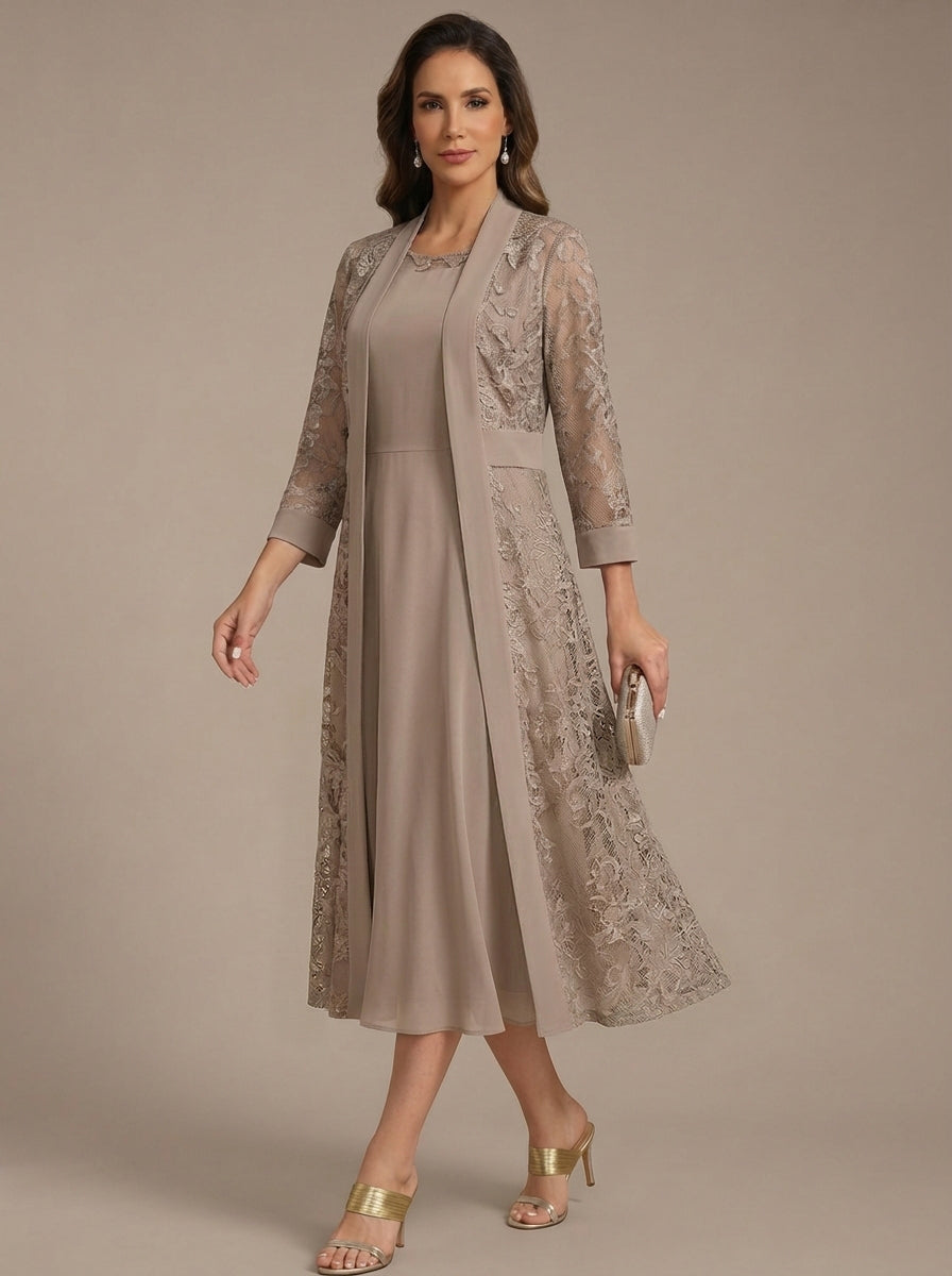 Robe Mère de la Mariée, Forme A/Princesse, Col Rond, Mousseline, avec Veste en Dentelle, Manches 3/4, Longueur du Thé
