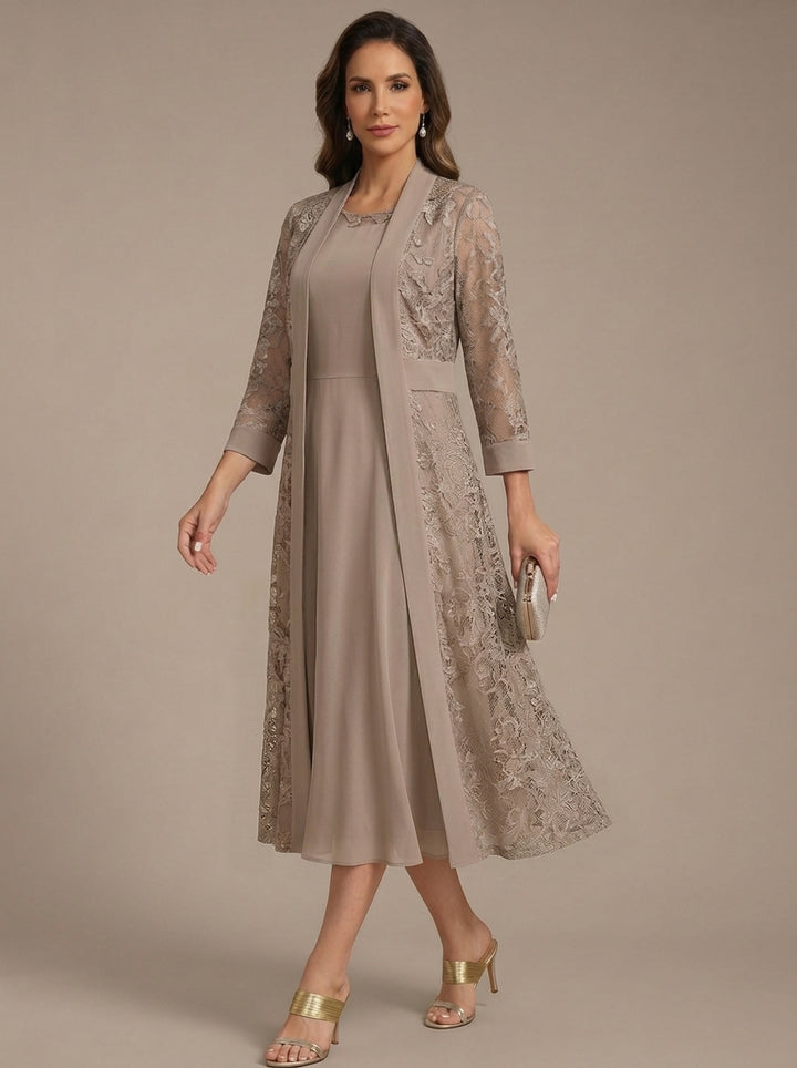 Robe Mère de la Mariée, Forme A/Princesse, Col Rond, Mousseline, avec Veste en Dentelle, Manches 3/4, Longueur du Thé
