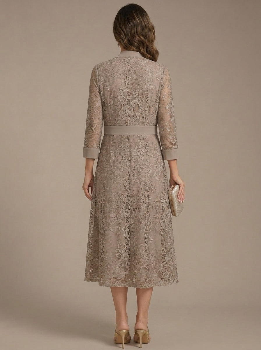 Robe Mère de la Mariée, Forme A/Princesse, Col Rond, Mousseline, avec Veste en Dentelle, Manches 3/4, Longueur du Thé