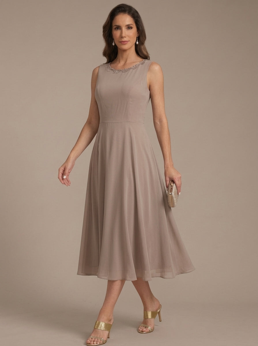 Robe Mère de la Mariée, Forme A/Princesse, Col Rond, Mousseline, avec Veste en Dentelle, Manches 3/4, Longueur du Thé