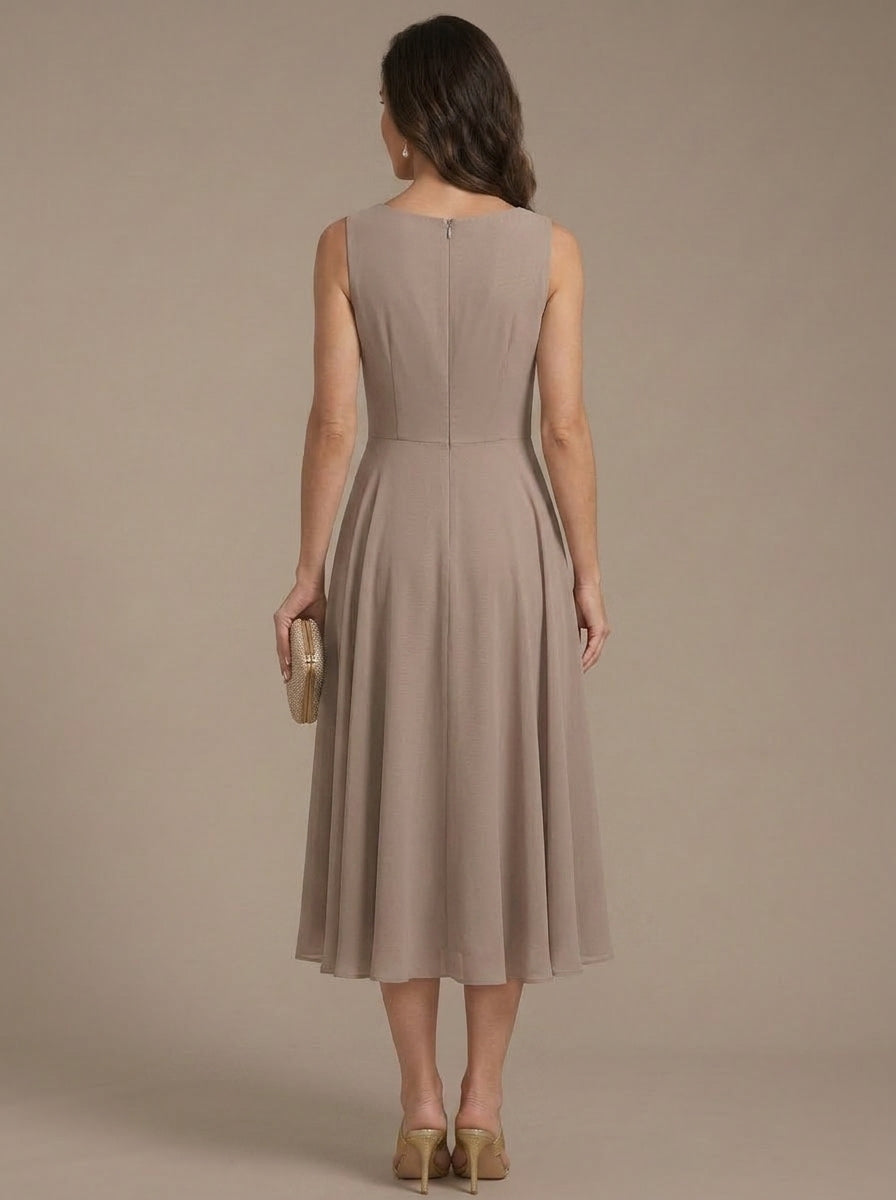 Robe Mère de la Mariée, Forme A/Princesse, Col Rond, Mousseline, avec Veste en Dentelle, Manches 3/4, Longueur du Thé