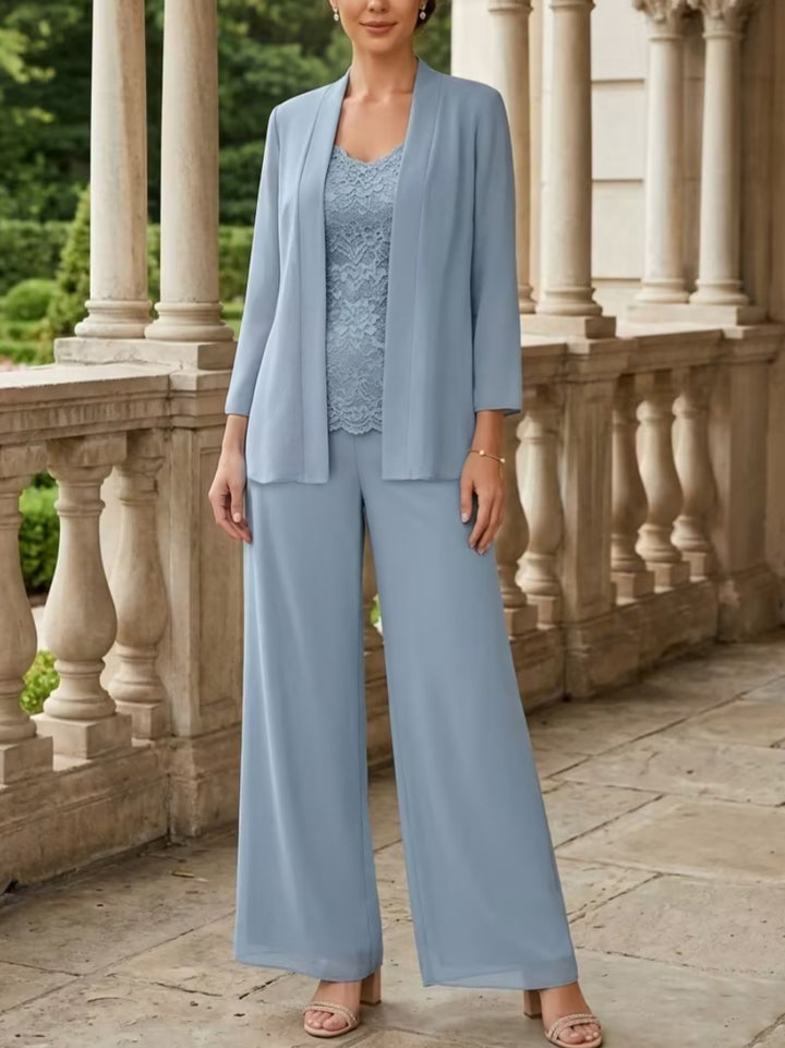 Tailleur 3 Pièces, Col en V, Mousseline, Costume-Pantalon Mère de la Mariée avec Veste, Manches 3/4, Dentelle, Longueur à la Cheville