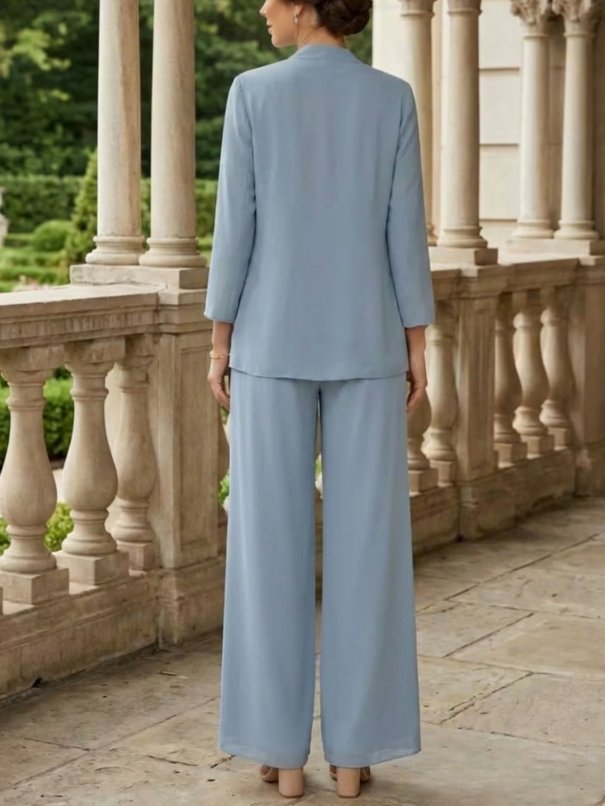 Tailleur 3 Pièces, Col en V, Mousseline, Costume-Pantalon Mère de la Mariée avec Veste, Manches 3/4, Dentelle, Longueur à la Cheville