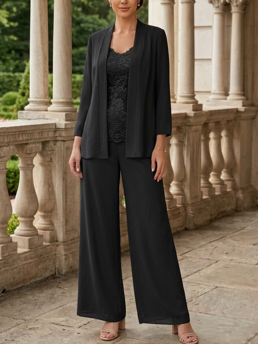 Tailleur 3 Pièces, Col en V, Mousseline, Costume-Pantalon Mère de la Mariée avec Veste, Manches 3/4, Dentelle, Longueur à la Cheville