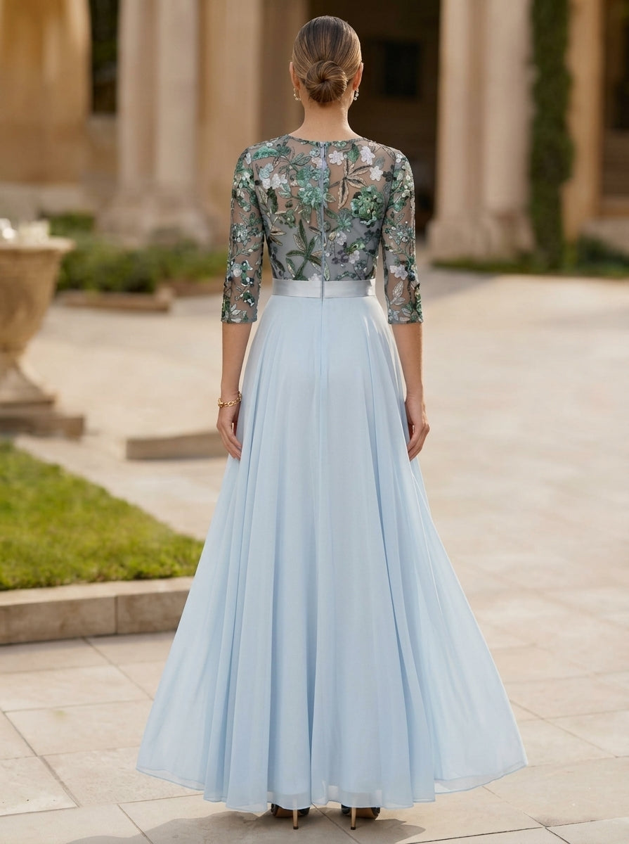 Combinaison Mère de la Mariée, Col Rond, Mousseline, avec Surjupe, Manches 3/4, Floral, Paillettes, Longueur au Sol