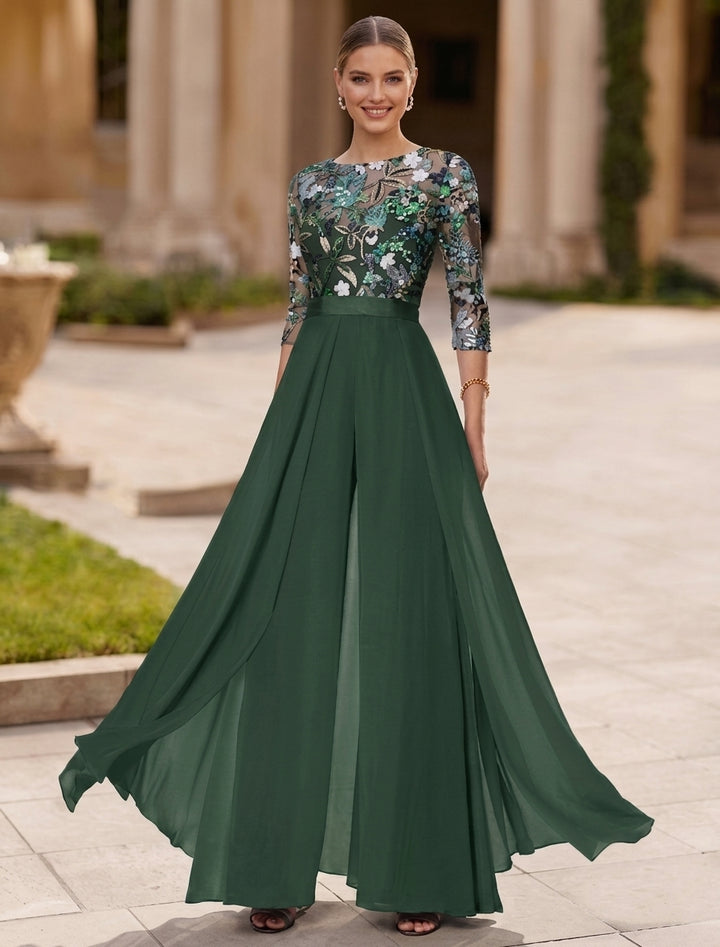 Combinaison Mère de la Mariée, Col Rond, Mousseline, avec Surjupe, Manches 3/4, Floral, Paillettes, Longueur au Sol