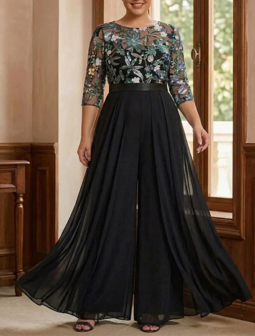 Robe Mère de la Mariée, Grande Taille, Combinaison, Col Rond, Manches 3/4, Longueur au Sol, Mousseline, Florale