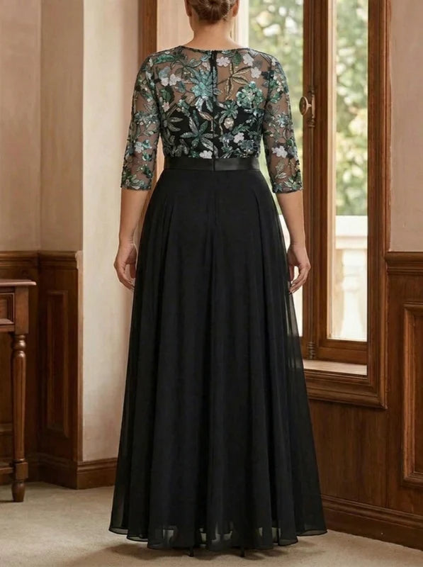 Robe Mère de la Mariée, Grande Taille, Combinaison, Col Rond, Manches 3/4, Longueur au Sol, Mousseline, Florale