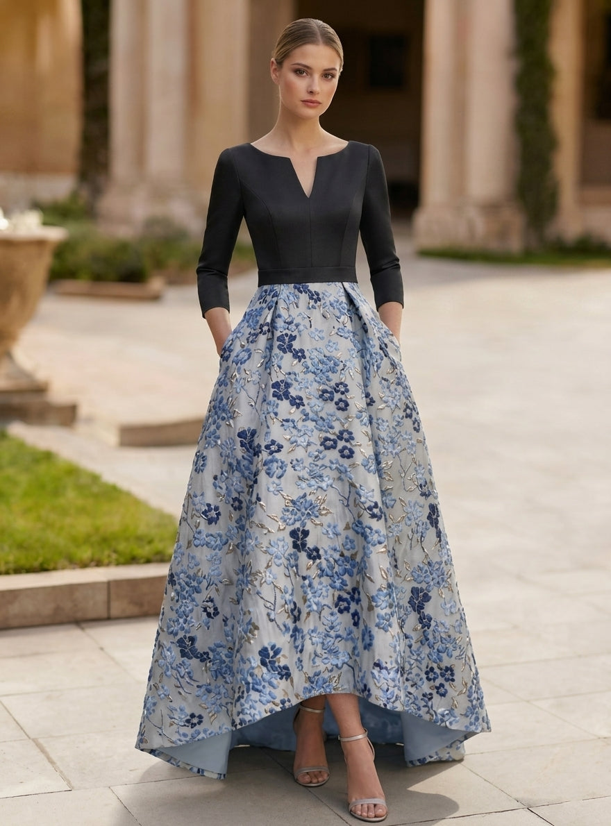 Robe Mère de la Mariée, Forme A/Princesse, Col en V, Satin, Manches 3/4, Floral, Asymétrique, Longueur au Sol