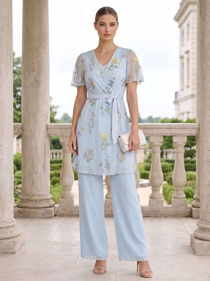 Tailleur 2 Pièces, Col en V, Mousseline, Costume-Pantalon Mère de la Mariée, Manches Courtes, Floral, Longueur à la Cheville