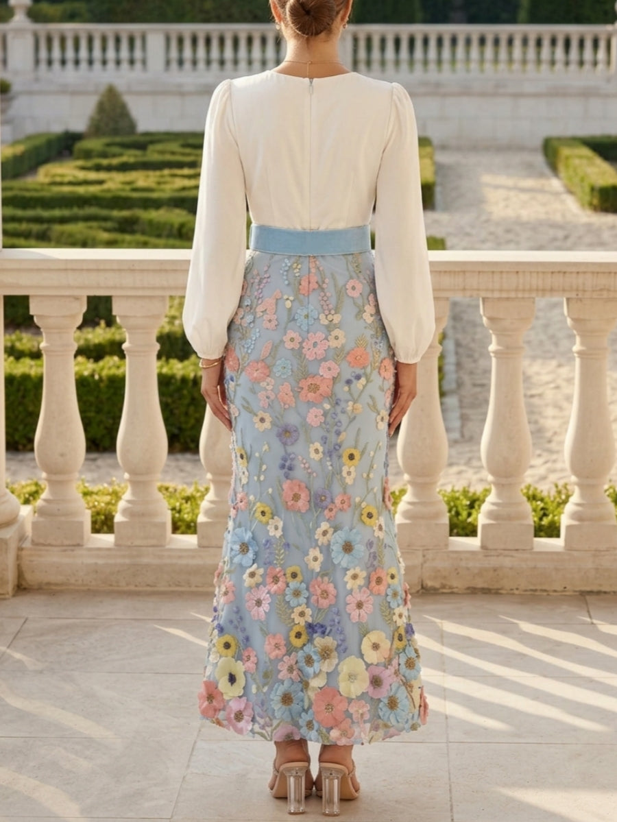 Robe Mère de la Mariée, Forme Trompette/Sirène, Col en V, Taffetas, Manches Longues, Longueur à la Cheville, Ceinture Florale
