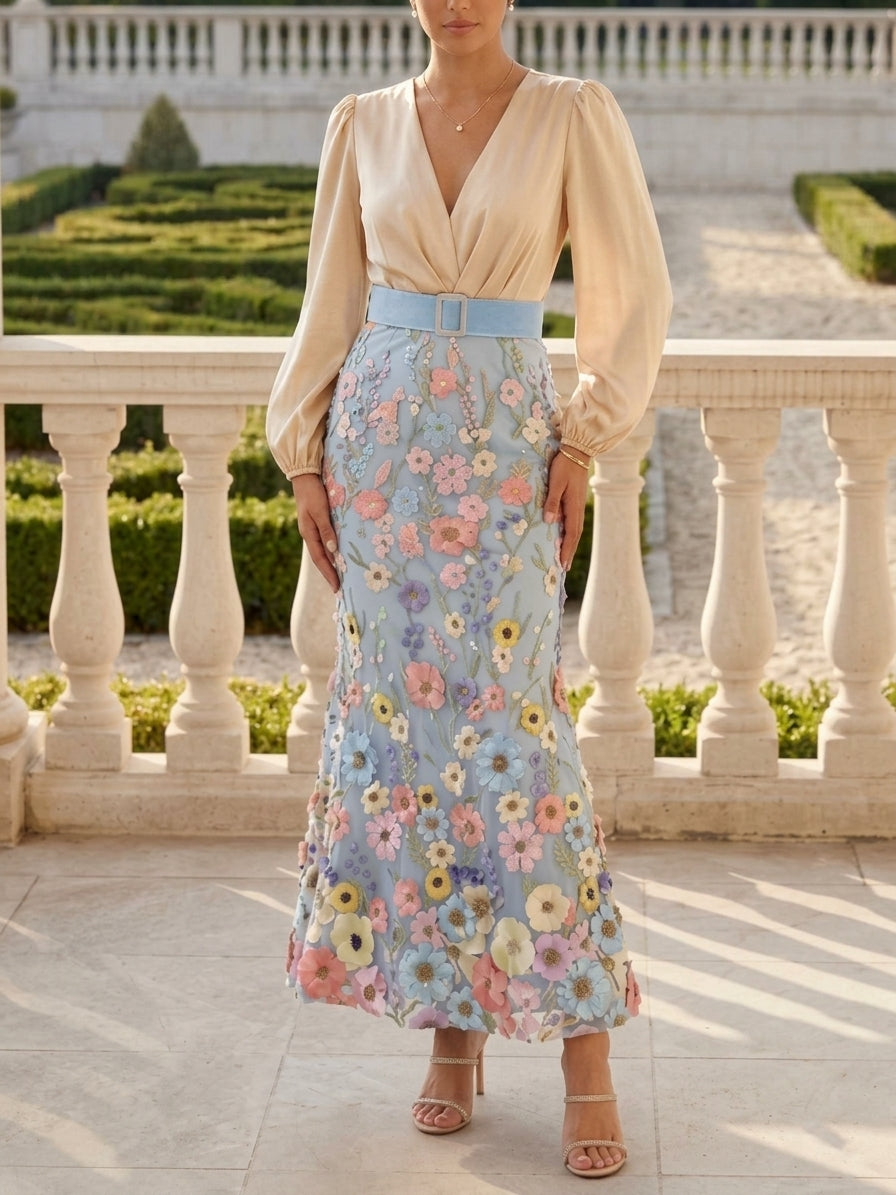 Robe Mère de la Mariée, Forme Trompette/Sirène, Col en V, Taffetas, Manches Longues, Longueur à la Cheville, Ceinture Florale