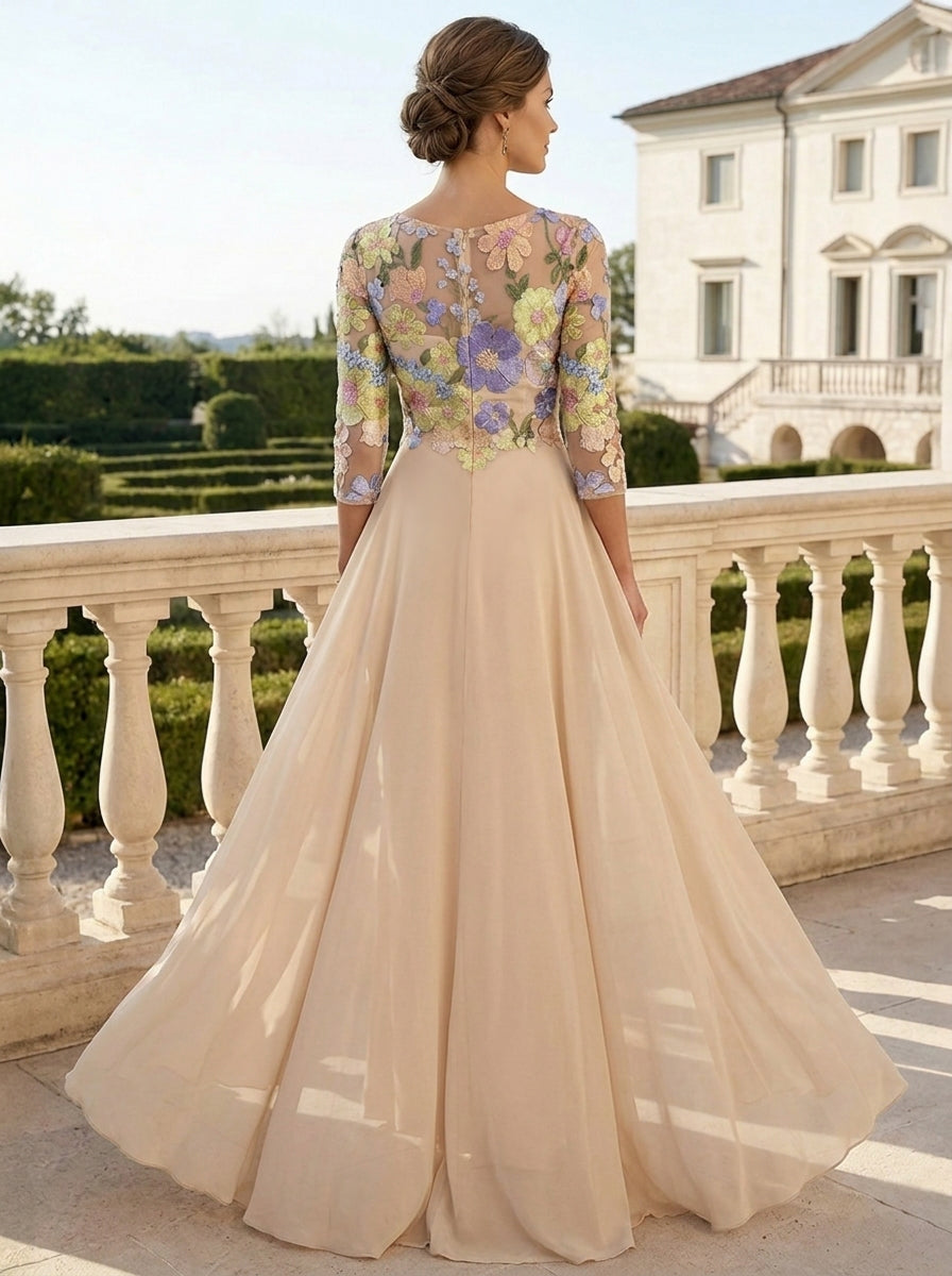 Robe Mère de la Mariée, Forme Droite/Colonne, Col Rond, Mousseline, avec Surjupe, Dentelle, Floral, Manches 3/4, Fente Latérale, Longueur au Sol