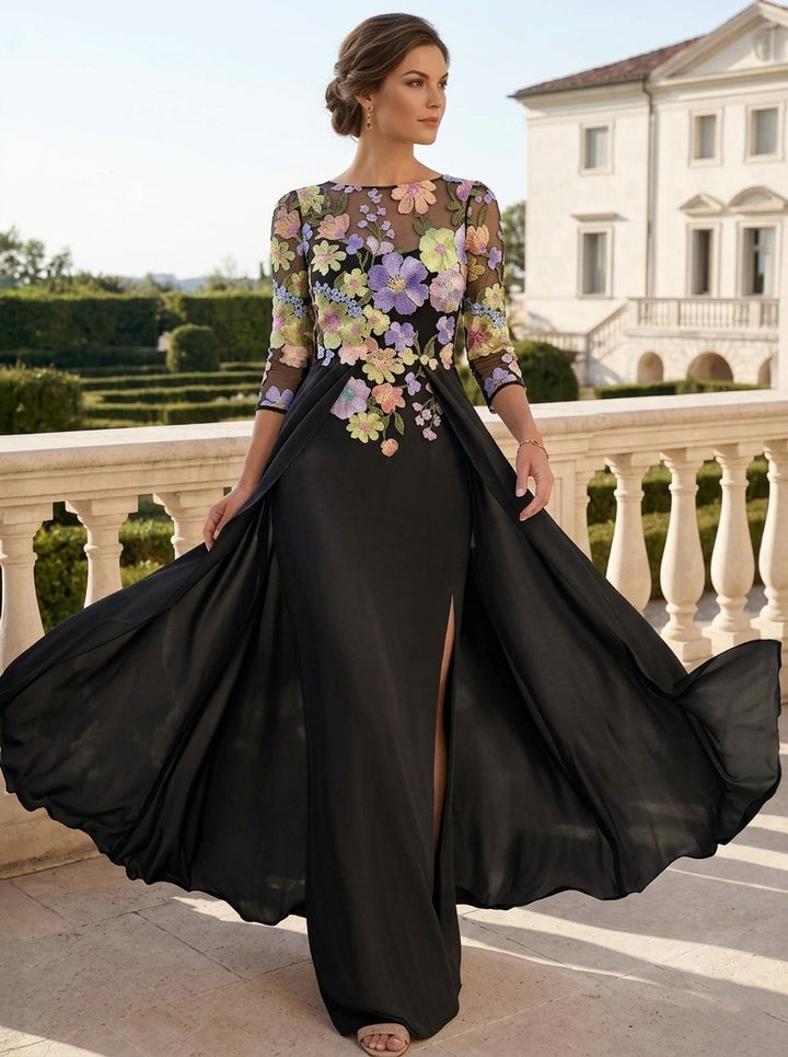 Robe Mère de la Mariée, Forme Droite/Colonne, Col Rond, Mousseline, avec Surjupe, Dentelle, Floral, Manches 3/4, Fente Latérale, Longueur au Sol