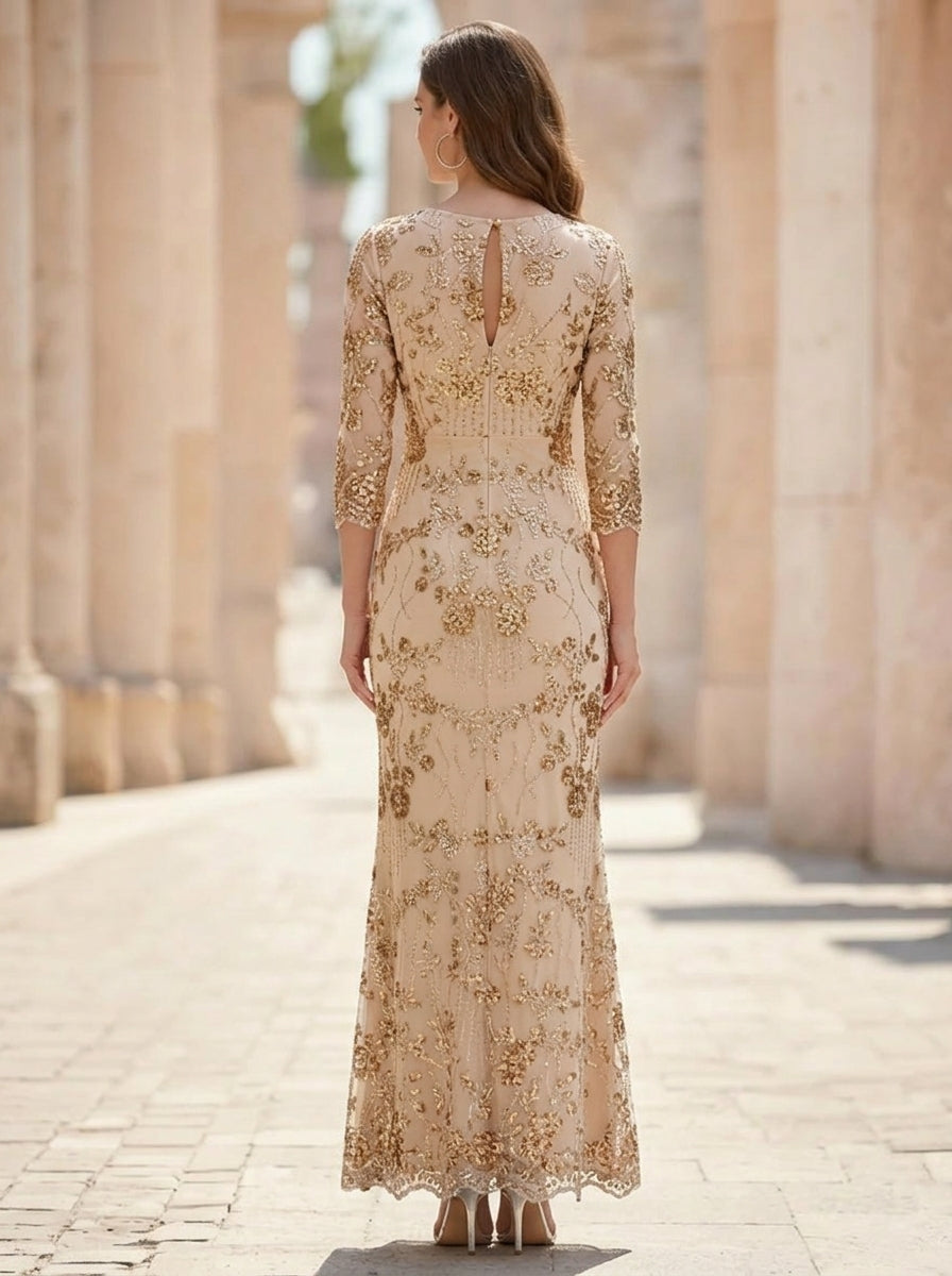 Robe Mère de la Mariée, Forme Droite/Colonne, Col Rond, Paillettes, Dentelle, Manches 3/4, Floral, Longueur à la Cheville