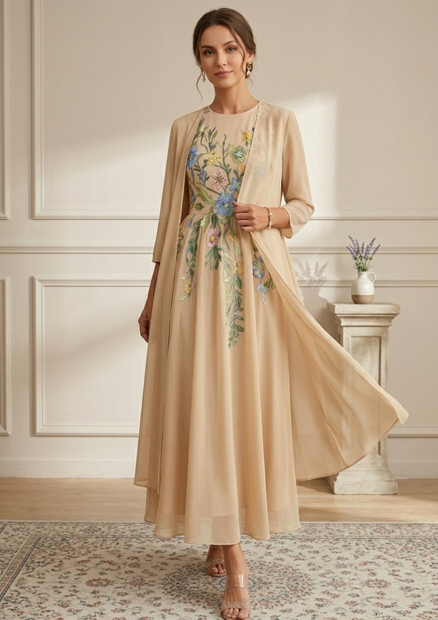 Robe Mère de la Mariée, Forme A-Ligne/Princesse, Col Rond, Mousseline, avec Veste, Dentelle, Floral, Manches 3/4, Longueur à la Cheville