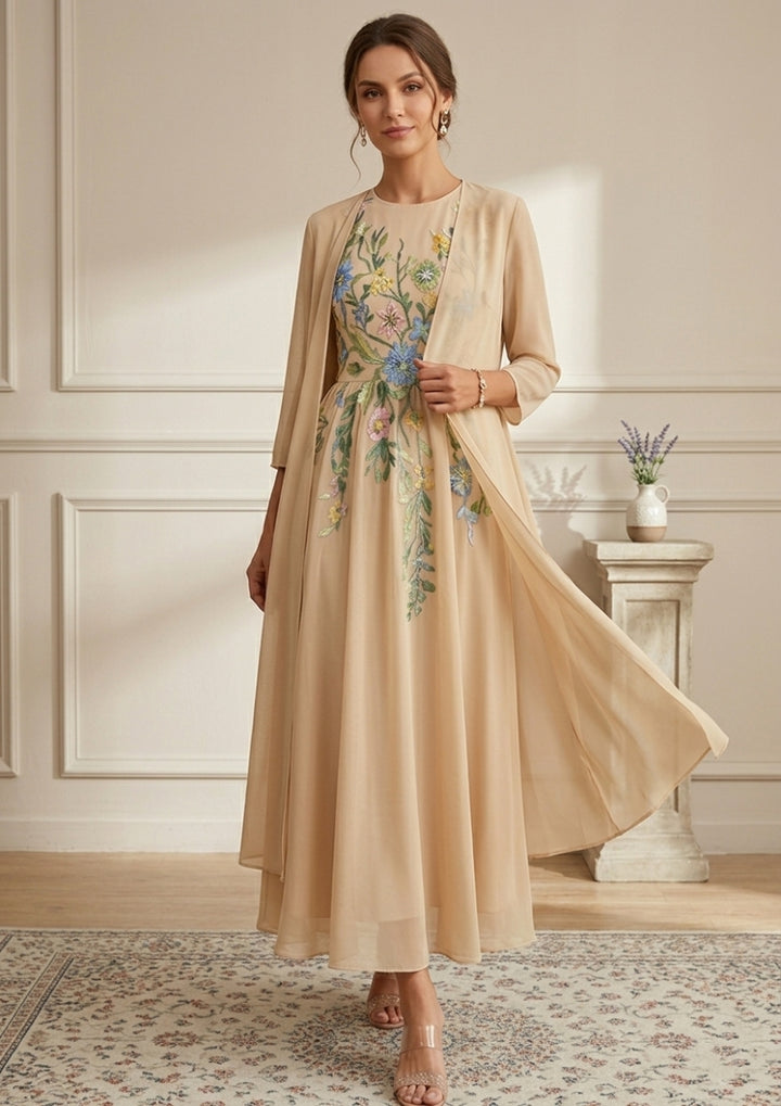 Robe Mère de la Mariée, Forme A-Ligne/Princesse, Col Rond, Mousseline, avec Veste, Dentelle, Floral, Manches 3/4, Longueur à la Cheville