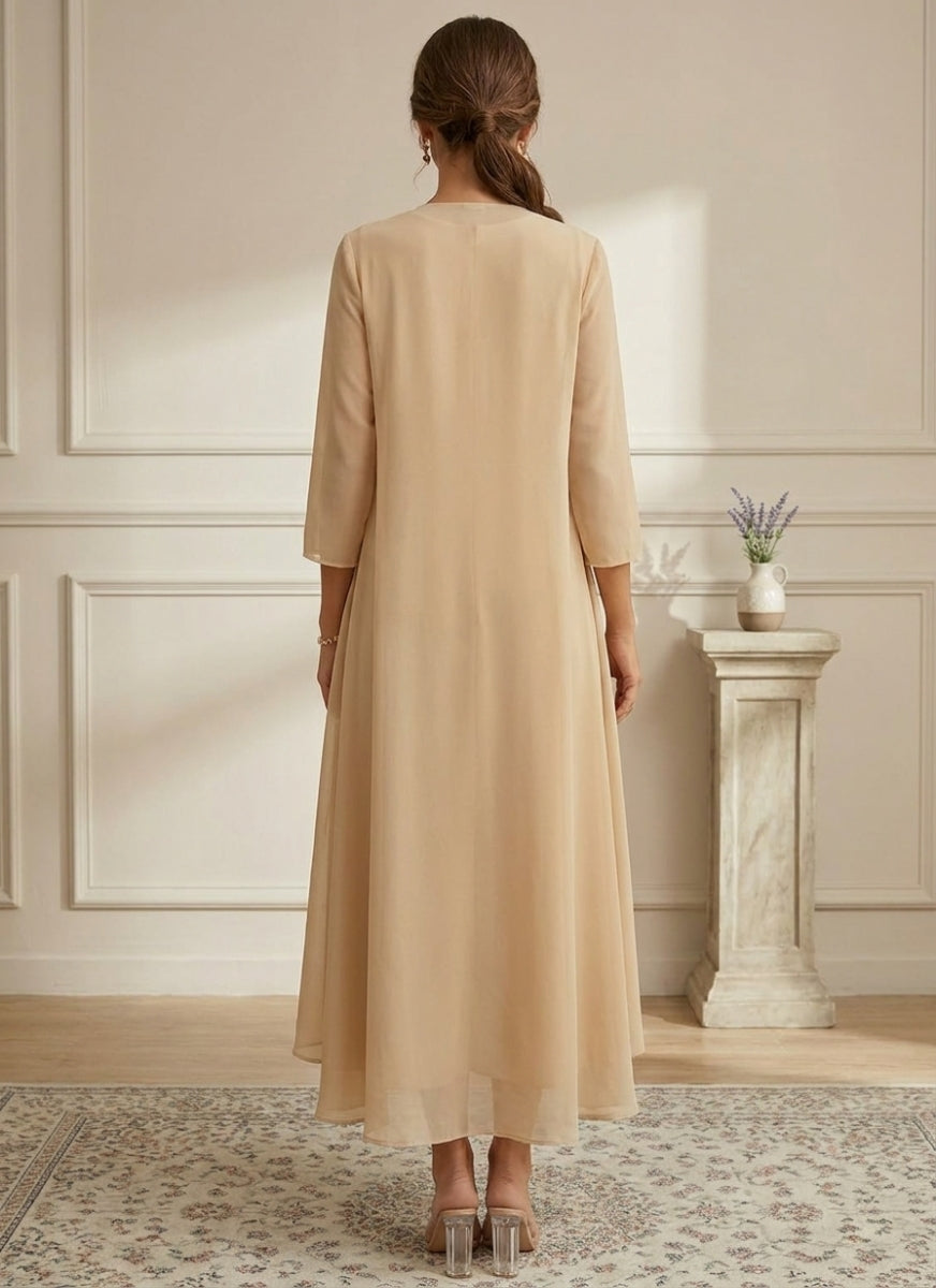 Robe Mère de la Mariée, Forme A-Ligne/Princesse, Col Rond, Mousseline, avec Veste, Dentelle, Floral, Manches 3/4, Longueur à la Cheville