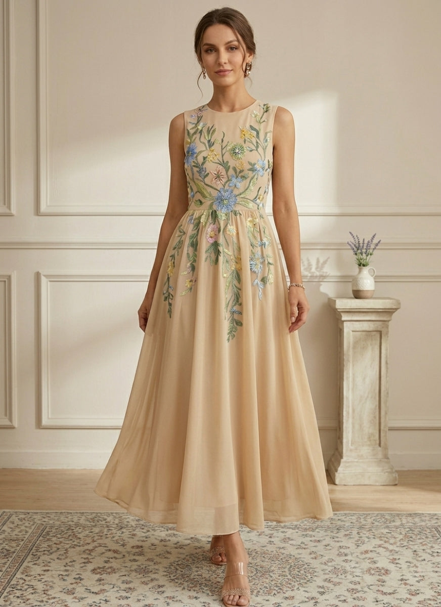 Robe Mère de la Mariée, Forme A-Ligne/Princesse, Col Rond, Mousseline, avec Veste, Dentelle, Floral, Manches 3/4, Longueur à la Cheville