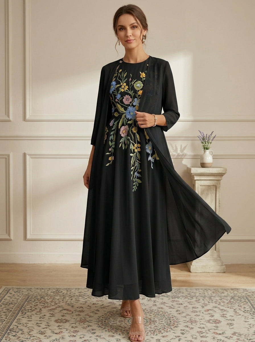 Robe Mère de la Mariée, Forme A-Ligne/Princesse, Col Rond, Mousseline, avec Veste, Dentelle, Floral, Manches 3/4, Longueur à la Cheville