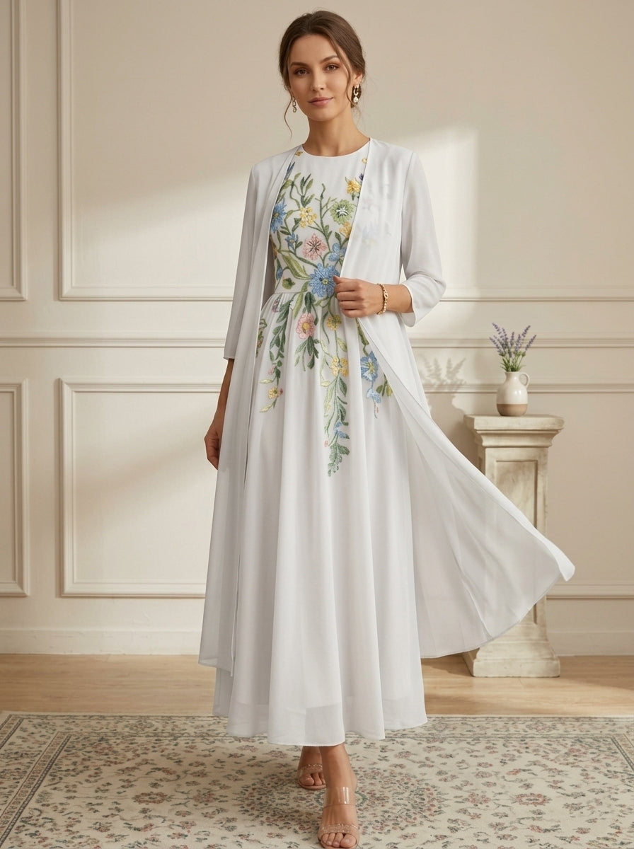 Robe Mère de la Mariée, Forme A-Ligne/Princesse, Col Rond, Mousseline, avec Veste, Dentelle, Floral, Manches 3/4, Longueur à la Cheville