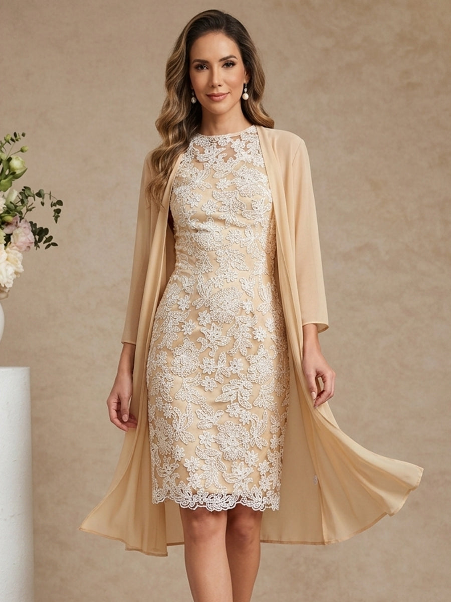 Robe Mère de la Mariée, Forme Droite/Colonne, Col Rond, Mousseline, avec Veste, Dentelle, Floral, Manches 3/4, Longueur Genou