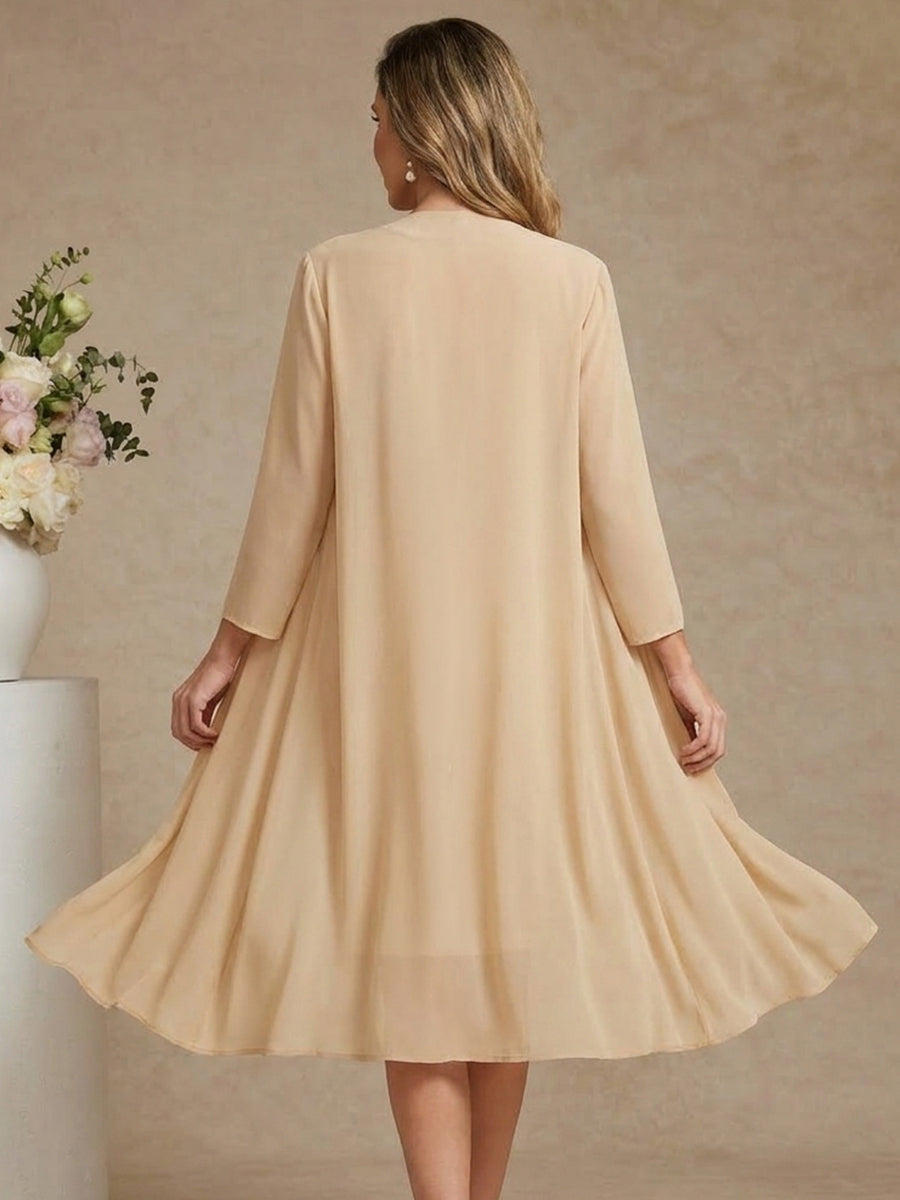 Robe Mère de la Mariée, Forme Droite/Colonne, Col Rond, Mousseline, avec Veste, Dentelle, Floral, Manches 3/4, Longueur Genou