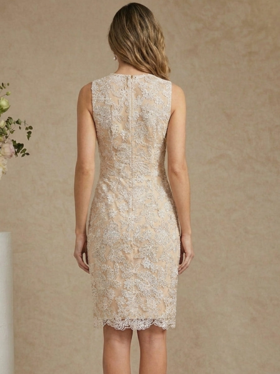 Robe Mère de la Mariée, Forme Droite/Colonne, Col Rond, Mousseline, avec Veste, Dentelle, Floral, Manches 3/4, Longueur Genou
