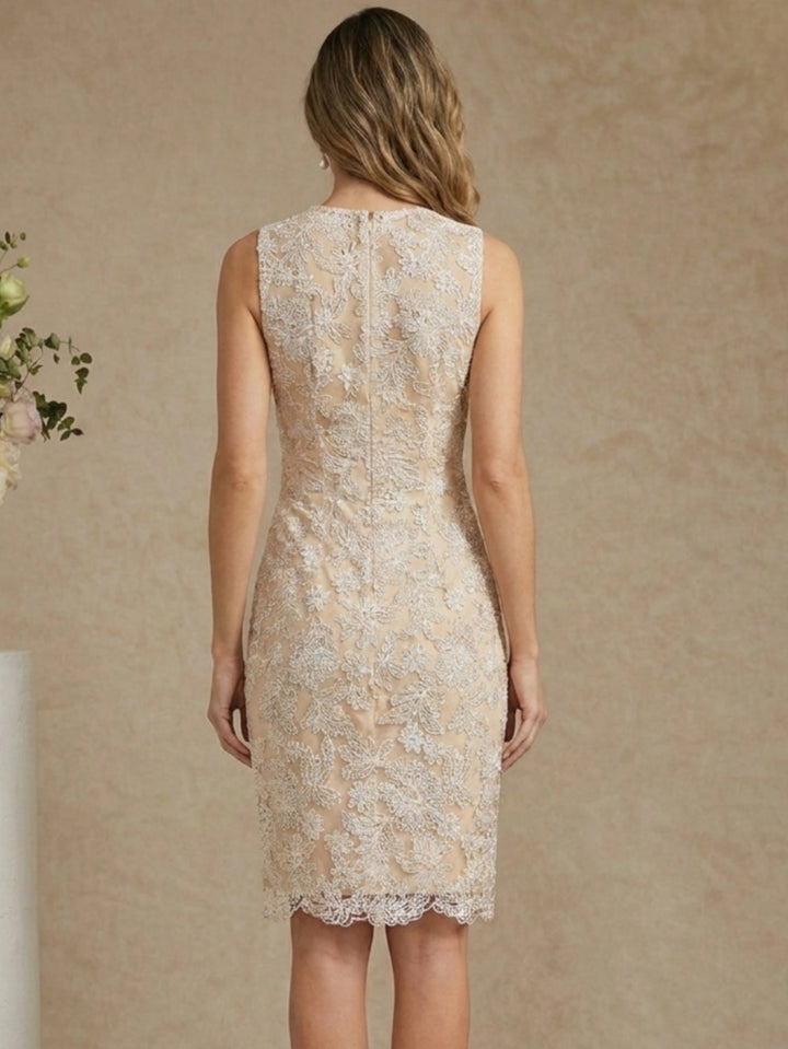 Robe Mère de la Mariée, Forme Droite/Colonne, Col Rond, Mousseline, avec Veste, Dentelle, Floral, Manches 3/4, Longueur Genou